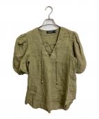 LAUREN RALPH LAURENローレンラルフローレン）の古着「パフスリーブリネンブラウス　半袖ブラウス　麻　レースアップブラウス」｜オリーブ