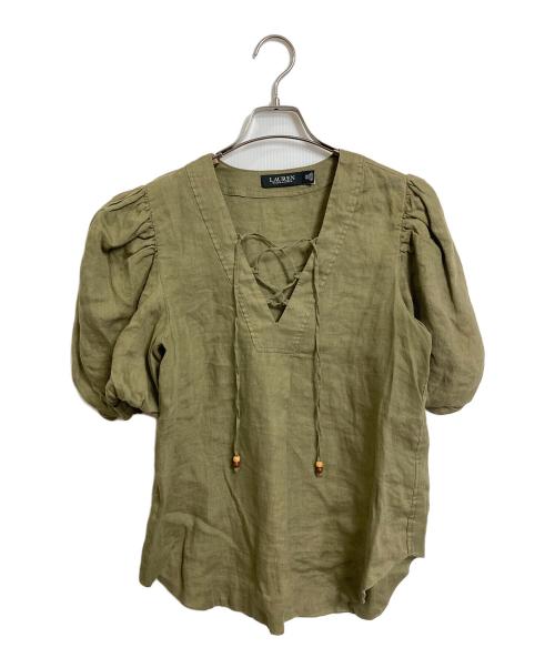 LAUREN RALPH LAUREN（ローレンラルフローレン）LAUREN RALPH LAUREN (ローレンラルフローレン) パフスリーブリネンブラウス　半袖ブラウス　麻　レースアップブラウス オリーブ サイズ:XXSの古着・服飾アイテム