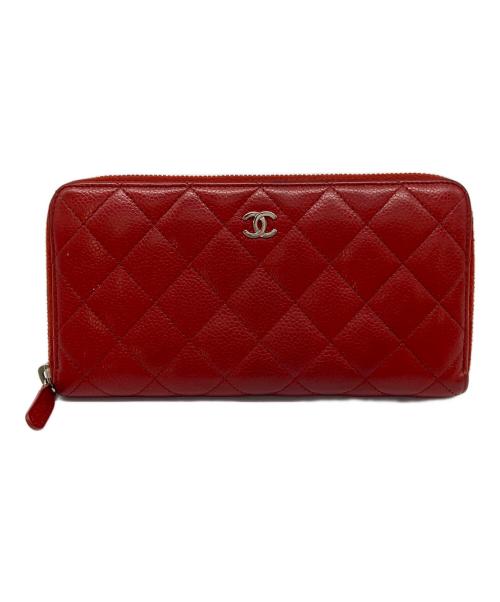 CHANEL（シャネル）CHANEL (シャネル) キャビアスキンラウンドファスナー財布　ウォレット　長財布 レッド サイズ:実寸参照の古着・服飾アイテム