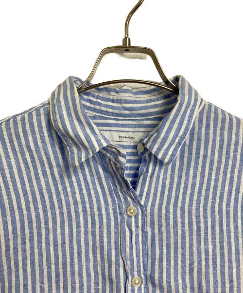 FRAMeWORK（フレームワーク）FRAMeWORK (フレームワーク) フレンチリネンレギュラーカラーシャツ　長袖シャツ　ストライプ　麻 ブルー サイズ:実寸参照の古着・服飾アイテム
