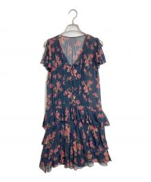 POLO RALPH LAUREN（ポロ・ラルフローレン）の古着「フラワー総柄ノースリーブシルクワンピース　裾ティアードワンピース　花柄」｜ネイビー×レッド