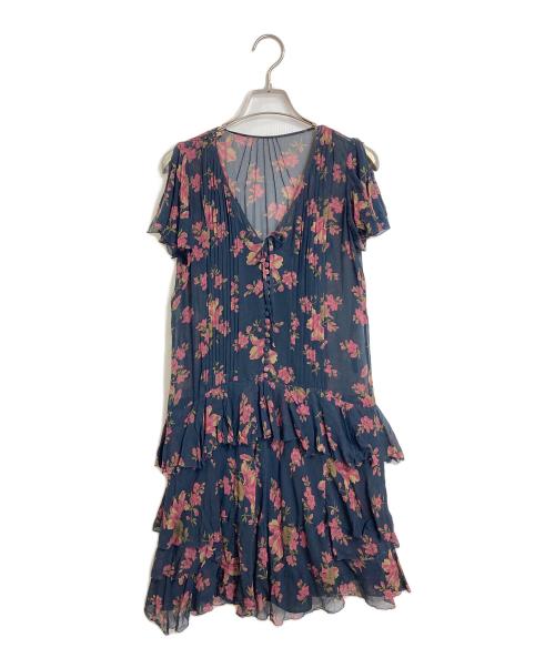 POLO RALPH LAUREN（ポロ・ラルフローレン）POLO RALPH LAUREN (ポロ・ラルフローレン) フラワー総柄ノースリーブシルクワンピース　裾ティアードワンピース　花柄 ネイビー×レッドの古着・服飾アイテム