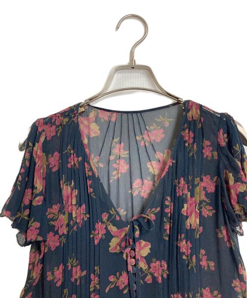 POLO RALPH LAUREN（ポロ・ラルフローレン）POLO RALPH LAUREN (ポロ・ラルフローレン) フラワー総柄ノースリーブシルクワンピース　裾ティアードワンピース　花柄 ネイビー×レッドの古着・服飾アイテム