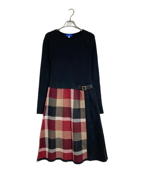 BLUE LABEL CRESTBRIDGE（ブルーレーベルクレストブリッジ）BLUE LABEL CRESTBRIDGE (ブルーレーベルクレストブリッジ) サイドベルト付チェック切替ニットワンピース ブラック×ブラウン サイズ:Mの古着・服飾アイテム