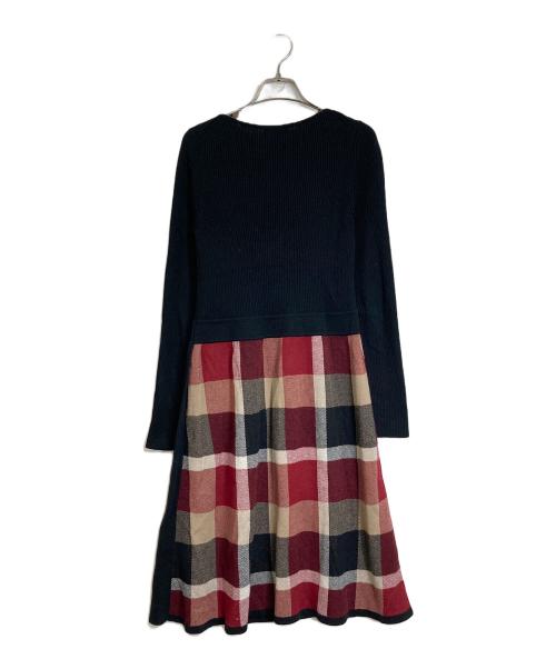 BLUE LABEL CRESTBRIDGE（ブルーレーベルクレストブリッジ）BLUE LABEL CRESTBRIDGE (ブルーレーベルクレストブリッジ) サイドベルト付チェック切替ニットワンピース ブラック×ブラウン サイズ:Mの古着・服飾アイテム