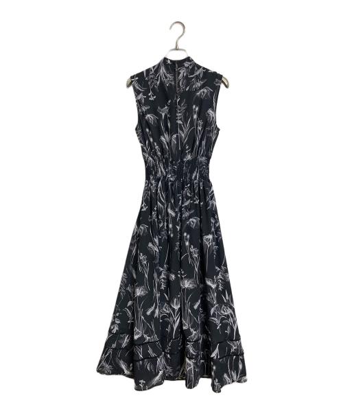 FRAY ID（フレイ アイディー）FRAY ID (フレイ アイディー) ドレープネックシャーリングプリントワンピ　ロングワンピース　フラワープリント　花柄 ブラックの古着・服飾アイテム