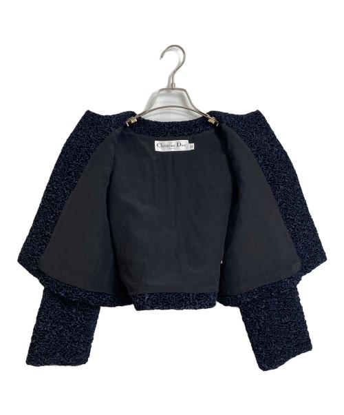 Christian Dior（クリスチャン ディオール）Christian Dior (クリスチャン ディオール) ノーカラーショートジャケット シルクポリノノーカラージャケット ネイビー サイズ:34の古着・服飾アイテム