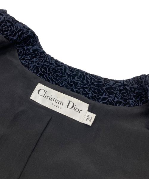 Christian Dior（クリスチャン ディオール）Christian Dior (クリスチャン ディオール) ノーカラーショートジャケット シルクポリノノーカラージャケット ネイビー サイズ:34の古着・服飾アイテム
