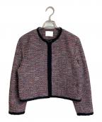 IENAイエナ）の古着「ツイードシャツブルゾン　ツイードジャケット　ノーカラージャケット　セレモニー　BALLI社製ツイード　日本製」｜ブラック×ピンク