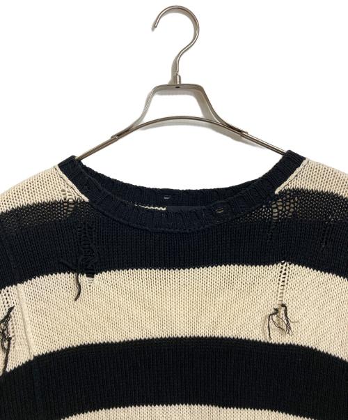 Thee Hysteric XXX（ジィ ヒステリックトリプルエックス）Thee Hysteric XXX (ジィ ヒステリックトリプルエックス) ボーダー クラッシュセーター　クラッシュニット　ダメージ加工 ベージュ×ブラック サイズ:FREEの古着・服飾アイテム