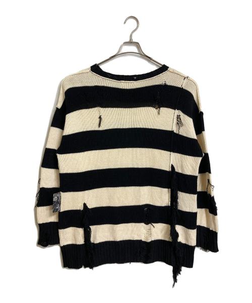 Thee Hysteric XXX（ジィ ヒステリックトリプルエックス）Thee Hysteric XXX (ジィ ヒステリックトリプルエックス) ボーダー クラッシュセーター　クラッシュニット　ダメージ加工 ベージュ×ブラック サイズ:FREEの古着・服飾アイテム