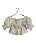 Snidelスナイデル）の古着「Sustainaギャザーオフショルブラウス　半袖ブラウス　ショートトップス　ドット　24SS」｜ホワイト