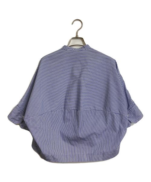 MACPHEE（マカフィー）MACPHEE (マカフィー) コットンブロード バンドカラークロップドシャツ　半袖シャツ　半袖ブラウス　ボーダー　ストライプ　日本製 ブルー サイズ:36の古着・服飾アイテム