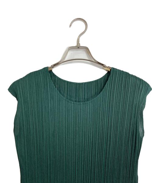 PLEATS PLEASE（プリーツプリーズ）PLEATS PLEASE (プリーツプリーズ) フレア ボーダー切替 ノースリーブワンピース　ロングワンピース　デザインワンピース　日本製 グリーン サイズ:2の古着・服飾アイテム