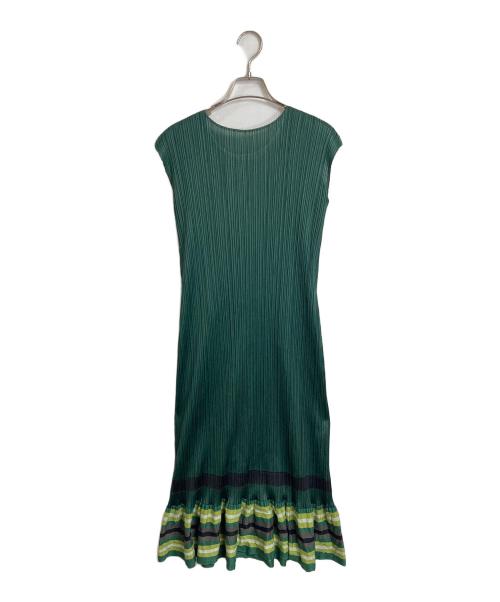 PLEATS PLEASE（プリーツプリーズ）PLEATS PLEASE (プリーツプリーズ) フレア ボーダー切替 ノースリーブワンピース　ロングワンピース　デザインワンピース　日本製 グリーン サイズ:2の古着・服飾アイテム
