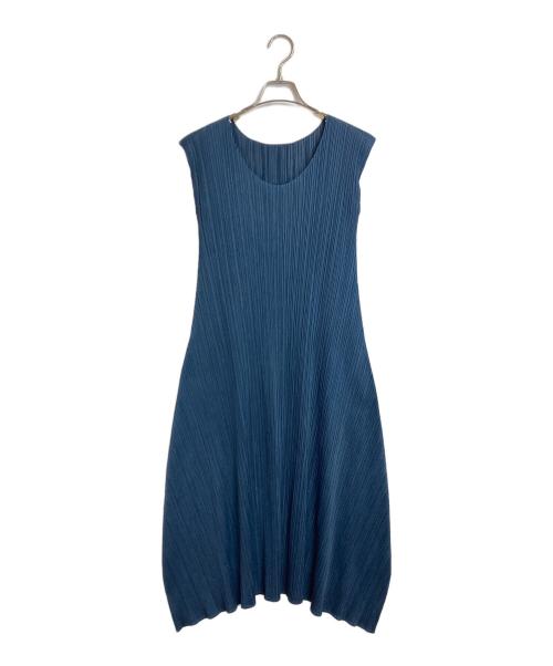 PLEATS PLEASE（プリーツプリーズ）PLEATS PLEASE (プリーツプリーズ) プリーツノースリーブ ロングフレアワンピース　デザインワンピース　ロングワンピース　日本製 ネイビー サイズ:2の古着・服飾アイテム