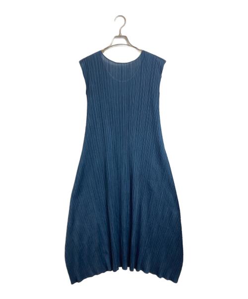 PLEATS PLEASE（プリーツプリーズ）PLEATS PLEASE (プリーツプリーズ) プリーツノースリーブ ロングフレアワンピース　デザインワンピース　ロングワンピース　日本製 ネイビー サイズ:2の古着・服飾アイテム
