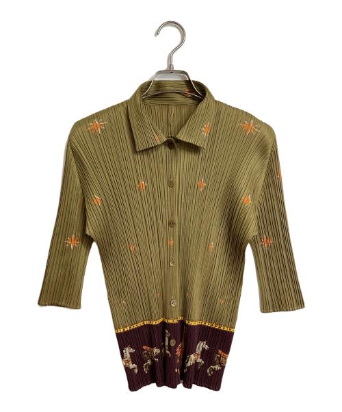 PLEATS PLEASE（プリーツプリーズ）PLEATS PLEASE (プリーツプリーズ) メリーゴーランドプリーツシャツカーディガン　デザインシャツ　プリーツシャツ　アニマル柄　動物柄　日本製 オリーブ サイズ:3の古着・服飾アイテム
