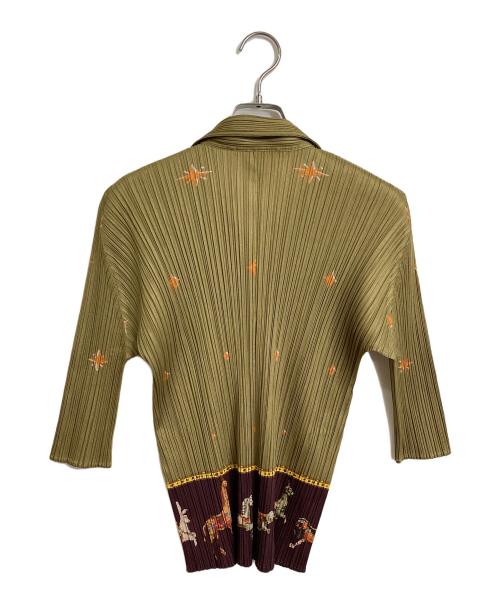 PLEATS PLEASE（プリーツプリーズ）PLEATS PLEASE (プリーツプリーズ) メリーゴーランドプリーツシャツカーディガン　デザインシャツ　プリーツシャツ　アニマル柄　動物柄　日本製 オリーブ サイズ:3の古着・服飾アイテム
