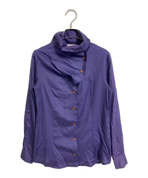 Vivienne Westwood RED LABEL（ヴィヴィアンウエストウッドレッドレーベル）Vivienne Westwood RED LABEL (ヴィヴィアンウエストウッドレッドレーベル) オーブ刺繍ロゴハイネックリネン混シャツ　デザインシャツ　長袖シャツ　日本製 パープル サイズ:2の古着・服飾アイテム
