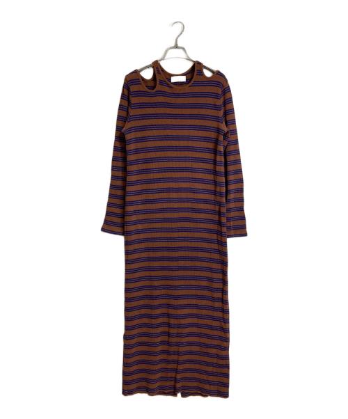 Adam et Rope（アダム エ ロペ）Adam et Rope (アダム エ ロペ) ワッフルボーダーワンピース　コットンワンピース ブラウン×ブルー サイズ:FREEの古着・服飾アイテム