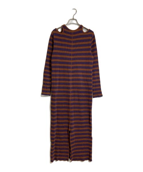 Adam et Rope（アダム エ ロペ）Adam et Rope (アダム エ ロペ) ワッフルボーダーワンピース　コットンワンピース ブラウン×ブルー サイズ:FREEの古着・服飾アイテム