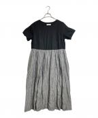 wafuワフー）の古着「リネン バイカラー ストライプ ワンピース　半袖ワンピース　ロングワンピース　マキシワンピース　日本製　麻」｜ブラック×グレー