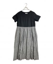 wafu（ワフー）の古着「リネン バイカラー ストライプ ワンピース　半袖ワンピース　ロングワンピース　マキシワンピース　日本製　麻」｜ブラック×グレー