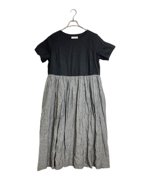 wafu（ワフー）wafu (ワフー) リネン バイカラー ストライプ ワンピース　半袖ワンピース　ロングワンピース　マキシワンピース　日本製　麻 ブラック×グレー サイズ:実寸参照の古着・服飾アイテム