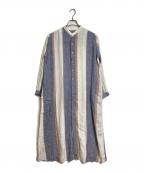 GALERIE VIEギャルリーヴィー）の古着「リネン バンドカラーシャツワンピース　ロングワンピース　マキシワンピース　麻　日本製」｜ブルー×ホワイト