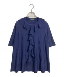 DRAWER（ドゥロワー）の古着「18G ウールフリルクルーネックショートスリーブニット　半袖ニット」｜ネイビー