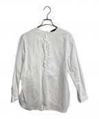 DRAWERドゥロワー）の古着「コットンフリルバックリボンノーカラーブラウス　ブラウス　長袖ブラウス」｜ホワイト