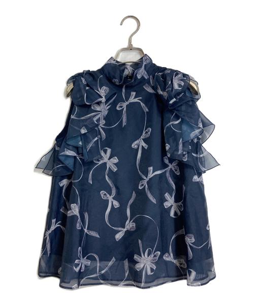 Snidel（スナイデル）Snidel (スナイデル) リボンスリーブオーガンシースルーブラウス　花柄　完売カラー ネイビー サイズ:FREEの古着・服飾アイテム
