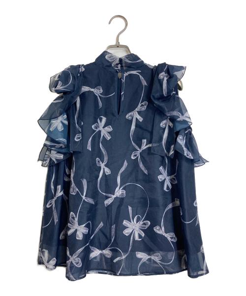 Snidel（スナイデル）Snidel (スナイデル) リボンスリーブオーガンシースルーブラウス　花柄　完売カラー ネイビー サイズ:FREEの古着・服飾アイテム