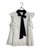 Snidelスナイデル）の古着「ジャガードボウタイフリルオープンブラウス」｜ホワイト×ブラック