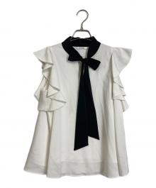 Snidel（スナイデル）の古着「ジャガードボウタイフリルオープンブラウス」｜ホワイト×ブラック