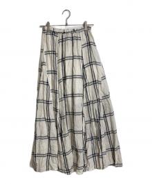 ARGUE（アーギュ）の古着「リネンマキシスカート　ロングスカート　チェックスカート　麻」｜ベージュ×ブラック