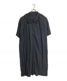 yuw（ユウ）の古着「リネンショールカラーワンピース　半袖ワンピース　ロングワンピース　マキシワンピース　麻」｜ブラック