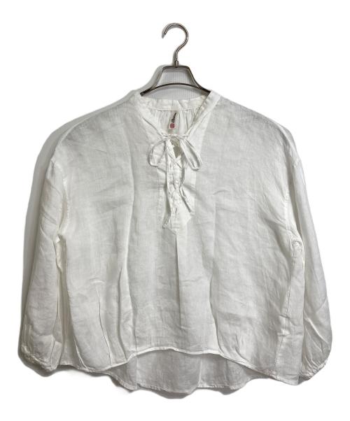 BROCANTE（ブロカント）BROCANTE (ブロカント) フレンチリネンシャンブレー ペザンシャツ レースアップリネンブラウス　麻　日本製 ホワイト サイズ:2の古着・服飾アイテム