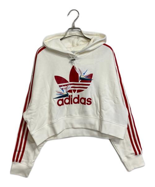 adidas（アディダス）adidas (アディダス) プルオーバーパーカー クロップド丈 プリント 刺繍　 Thebe Magugu Hoodie レッド×ホワイト サイズ:3XL 未使用品の古着・服飾アイテム