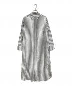 Plageプラージュ）の古着「リネンシャツワンピース　ストライプ　長袖ワンピース」｜ホワイト×グレー