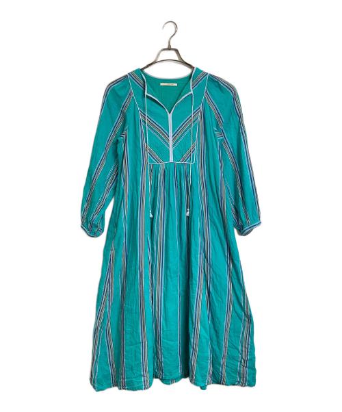 ne quittez pas（ヌキテパ）ne quittez pas (ヌキテパ) COTTON VOILE STRIPE DRESS コットンボイルストライプドレス ロングドレス　ロングワンピース　インド製 ブルー サイズ:Mの古着・服飾アイテム