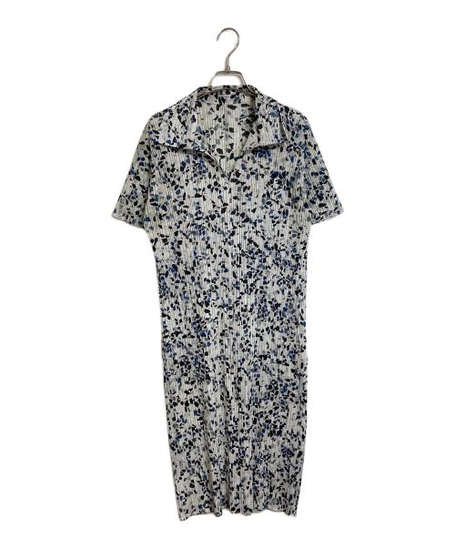 PLEATS PLEASE（プリーツプリーズ）PLEATS PLEASE (プリーツプリーズ) 総柄襟付き半袖プリーツワンピース　日本製 ブラック×グレー×ネイビー サイズ:3の古着・服飾アイテム