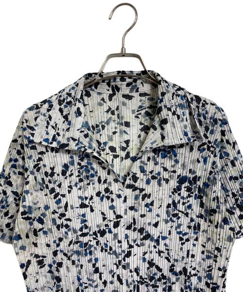 PLEATS PLEASE（プリーツプリーズ）PLEATS PLEASE (プリーツプリーズ) 総柄襟付き半袖プリーツワンピース　日本製 ブラック×グレー×ネイビー サイズ:3の古着・服飾アイテム