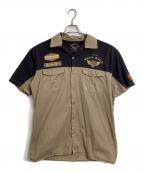 Hard Rock cafeハードロックカフェ）の古着「【古着】バックロゴワークシャツ　コットンシャツ　ボタンシャツ　半袖シャツ　ハードロックカフェ」｜ベージュ