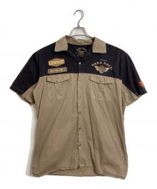 Hard Rock cafe（ハードロックカフェ）の古着「【古着】バックロゴワークシャツ　コットンシャツ　ボタンシャツ　半袖シャツ　ハードロックカフェ」｜ベージュ