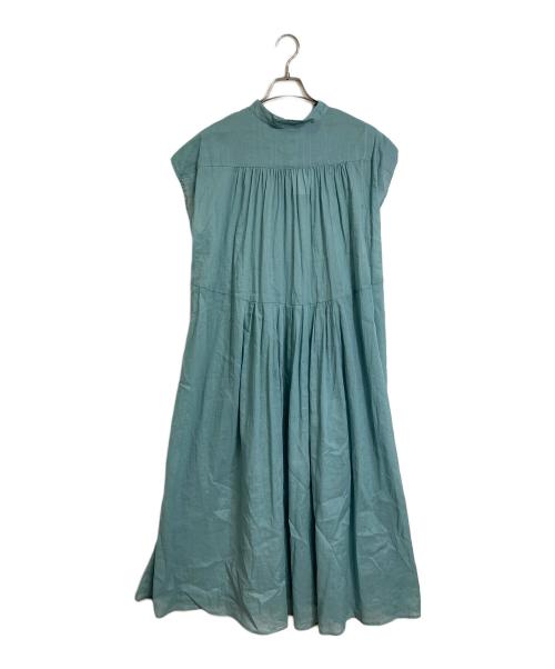 PONT DE CHALONS（ポンデシャロン）PONT DE CHALONS (ポンデシャロン) ラミーコットンギャザータックワンピース　ロングワンピース　ロングドレス　マキシワンピース グリーン サイズ:FREEの古着・服飾アイテム