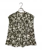 UNTITLEDアンタイトル）の古着「モザイクフラワー柄ブラウス　ノースリーブシャツ　日本」｜オリーブ×ホワイト