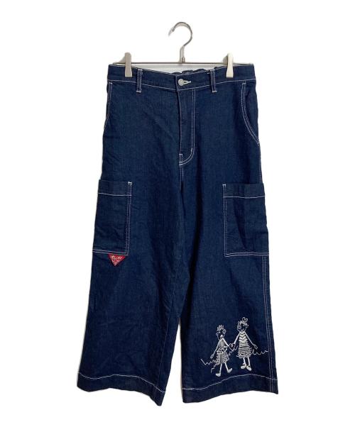 OLLEBOREBLA（アルベロベロ）OLLEBOREBLA (アルベロベロ) ぶたさん刺繍入り ストレッチ デニムワイドパンツ インディゴ サイズ:Mの古着・服飾アイテム