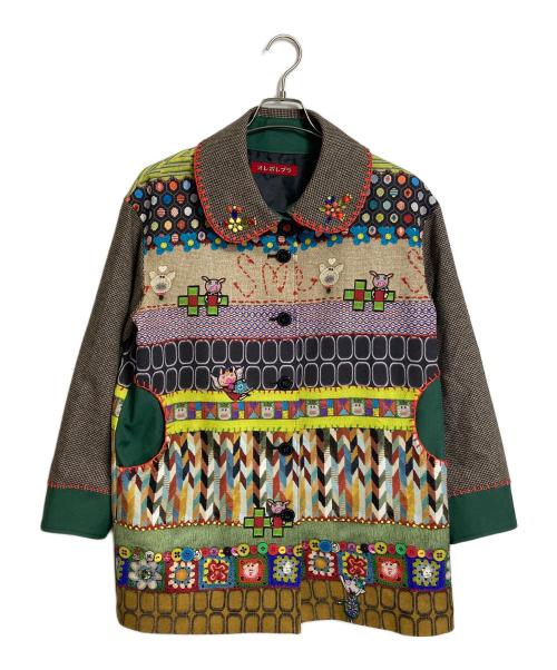 OLLEBOREBLA（アルベロベロ）OLLEBOREBLA (アルベロベロ) ビジュー ぶたさんプリント 総柄刺繍コート マルチカラー サイズ:実寸参照の古着・服飾アイテム